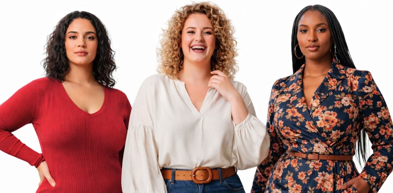 Curvy women wearing fashionable outfits and stylish dresses for 2025 fashion trends