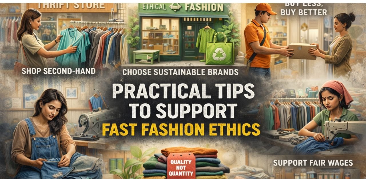 Practical tips to support fast fashion ethics, including buying less, choosing sustainable brands, and supporting fair wages