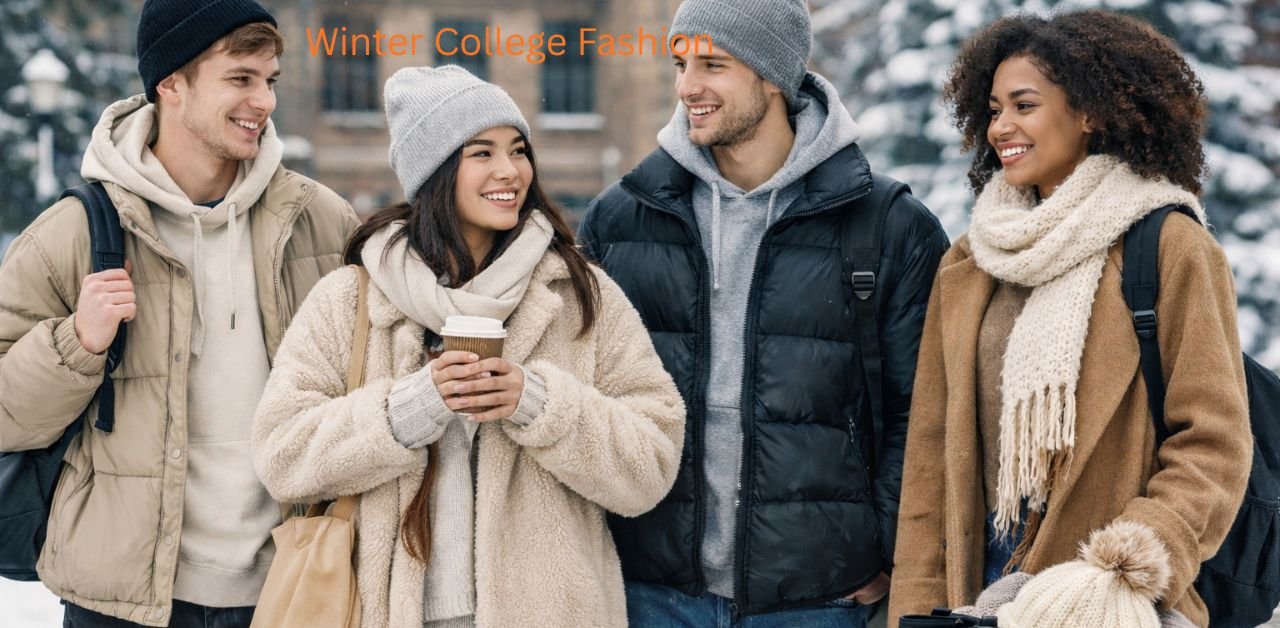 Winter college fashion trends with students wearing cozy jackets, sweaters, and winter outfits on a campus