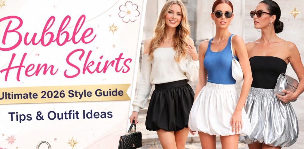 A stylish model wearing a trendy green bubble hem skirt for 2026 fashion ideas.