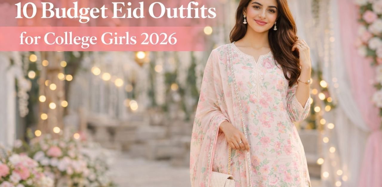 budget Eid outfits 2026 for college girls wearing floral lawn suit for Eid celebration