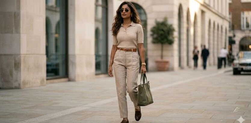 Affordable luxury fashion outfit for university and office wear under 3000 PKR, minimalist old money aesthetic style.