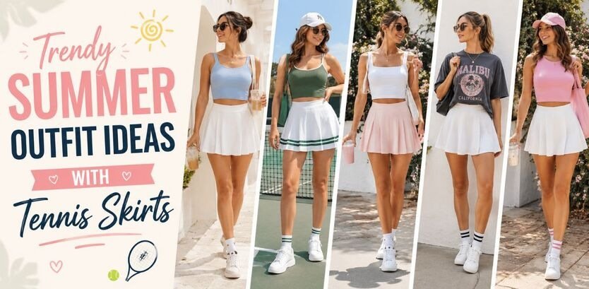 Stylish young women wearing trendy summer outfits with tennis skirts in different pastel colors, paired with crop tops, sneakers, and casual accessories in sunny outdoor settings.
