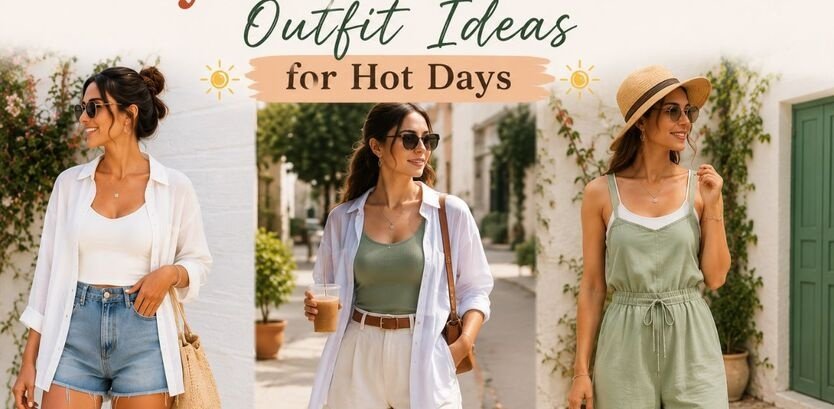 Three stylish women wearing layered summer outfits with light shirts, shorts, and casual accessories in a sunny outdoor setting