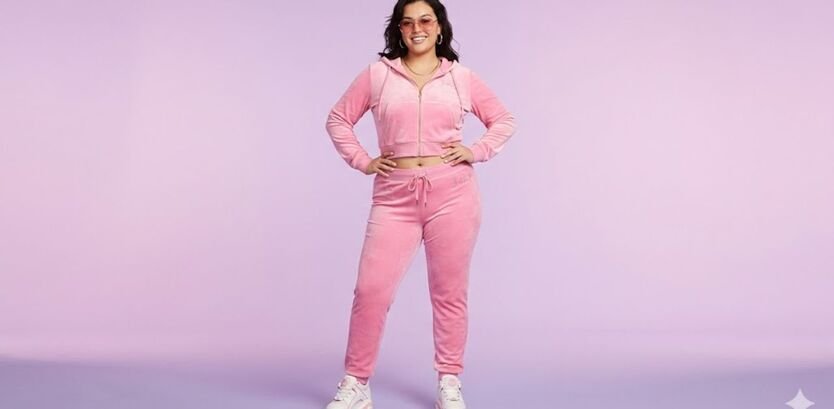 Curvy girl styling a candy pink Y2K velvet tracksuit