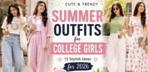 college girls wearing trendy summer outfits including wide-leg jeans, co-ord sets, and summer dresses