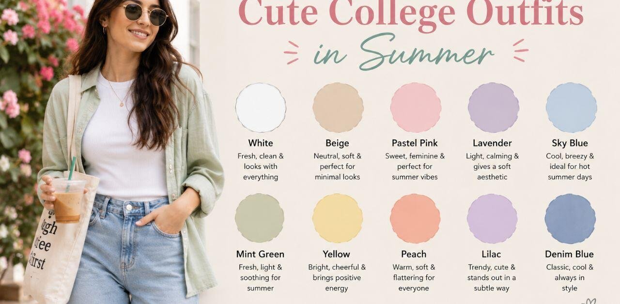 Cute summer college outfit color ideas featuring beige, white, pastel pink, sky blue, and sage green fashion trends