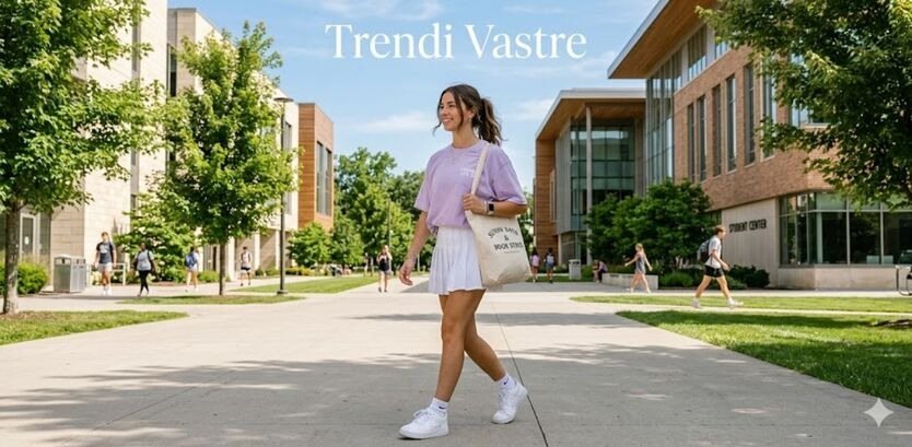 A stylish girl walking across a sunny university campus wearing a white tennis skirt, pastel oversized t-shirt, and white sneakers, featuring the "Trendi Vastre" brand name.